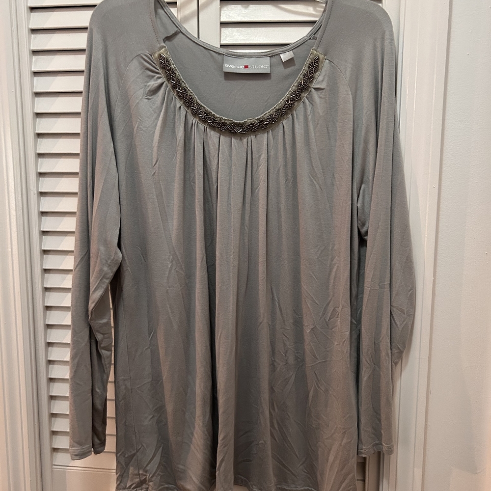 Dress Barn Gray Long Sleeve Top with Embellished Neckline